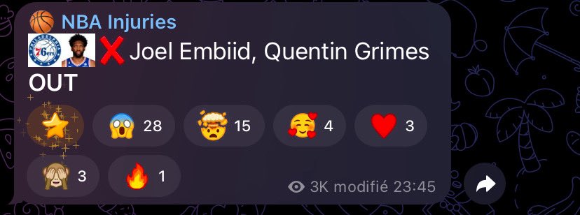 Les gars au moment où je vous poste le match de Philly Embiid est OUT, il était censé jouer ce soir et franchement ça change toute l’analyse donc si vous pouvez évitez ce match faites-le et mettre en priorité les autres bet🫡