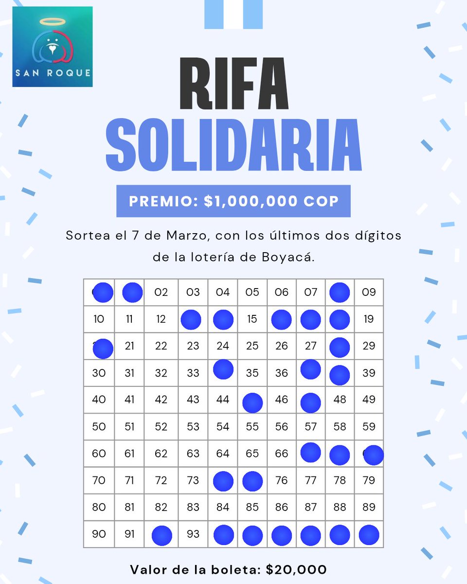 🎟️ RIFA SOLIDARIA – FUNDACIÓN SAN ROQUE 🐾💙

Participa en nuestra rifa solidaria y ayúdanos a seguir salvando vidas.
Todo lo recaudado será destinado al cuidado, alimentación y atención veterinaria de nuestros rescatados.

🏆 Premio: $1.000.000 COP
📅 Fecha del sorteo: 7 de