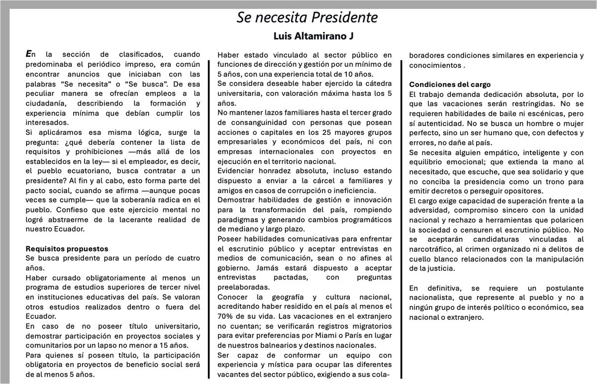 Comparto mi columna de hoy: 
"Se necesita Presidente"

En la sección de clasificados, cuando predominaba el periódico impreso, era común encontrar anuncios que iniciaban con las palabras “Se necesita” o “Se busca”. De esa peculiar manera se ofrecían empleos a la ciudadanía,