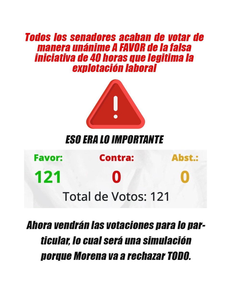 #Ahora Todo el Senado acaba de aprbar estar falsa iniciativa de 40 horas que lo único que hace es legitimar la explotación laboral.  Estamos perdiendo todxs y como siempre, aun más las mujeres que sostienen este país con el trabajo de cuidados y del hogar.