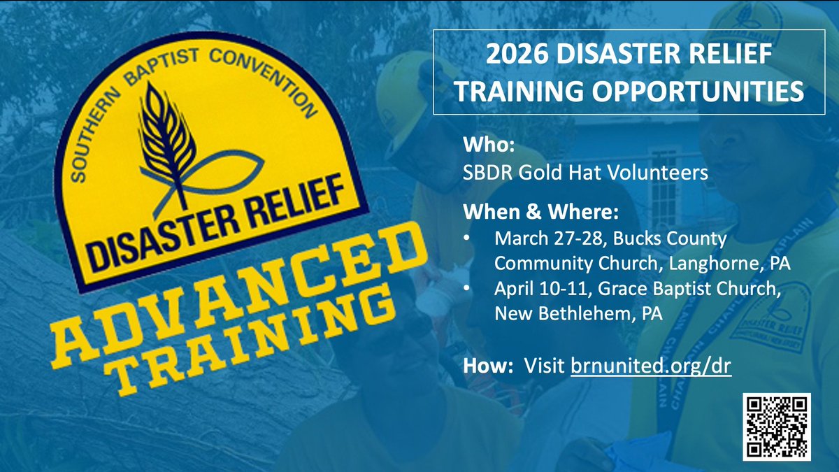 Calling all SBDR Gold Hat Volunteers!

This spring, BRN Disaster Relief will host two advanced training opportunities for all Southern Baptist Disaster Relief Gold Hat volunteers.

Register or learn more about these training opportunities at hubs.ly/Q042Jygs0
