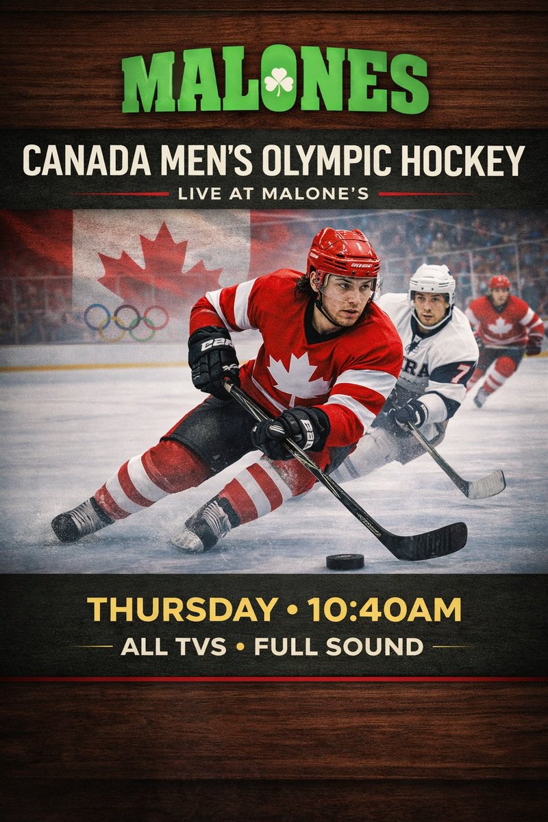 Tomorrow morning we’re going full Team Canada!

Canada Men’s Olympic Hockey

Thursday 10:40 AM • All TVs • Full Sound

It’s also #NachoAverageThursday and it’s #WingandRib Day!

Plus drink specials flowing all game long.

Take a long “coffee break.” We won’t tell your boss.