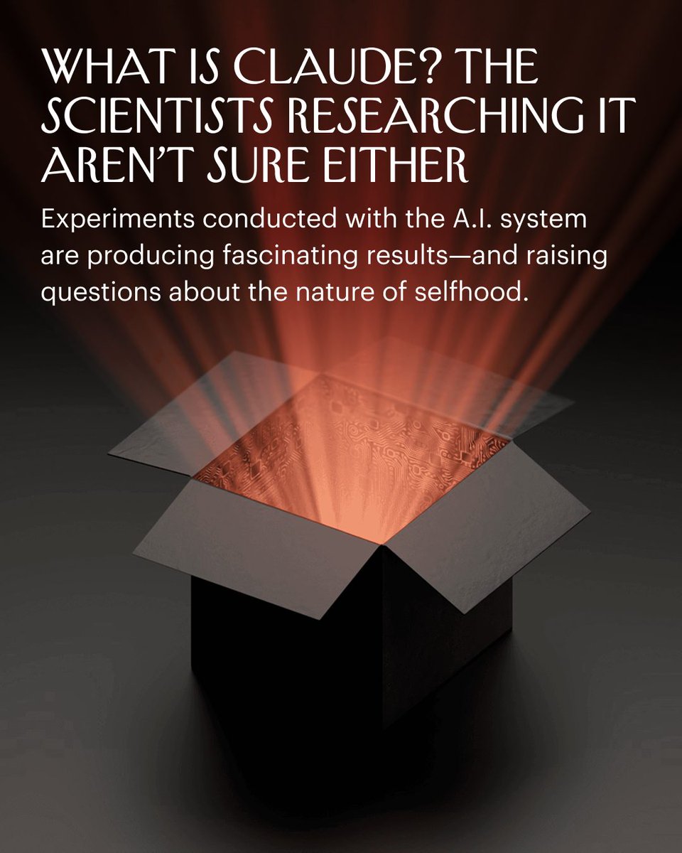 NewYorker's tweet photo. Experiments conducted with the A.I. system Claude are producing fascinating results—and raising questions about the nature of selfhood. Gideon Lewis-Kraus reports from inside the company that designed it, Anthropic. https://t.co/8XB4f9yILJ https://t.co/4FkqkK0QCb