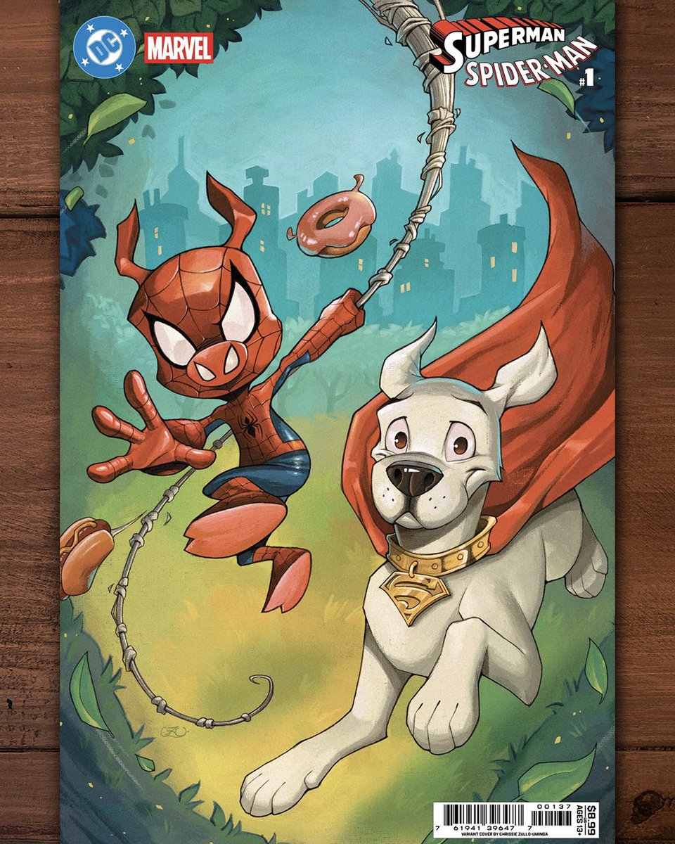 Chrissie_Zullo's tweet photo. Excited to show my variant cover for the upcoming Superman/Spider-man #1 Crossover Event! Featuring Spider-Ham and Krypto! Ahh! So cool to be a part of all the amazing variant covers for this event. Be sure to pick this one up in March at your LCS! https://t.co/7JrAy4Lhhs
