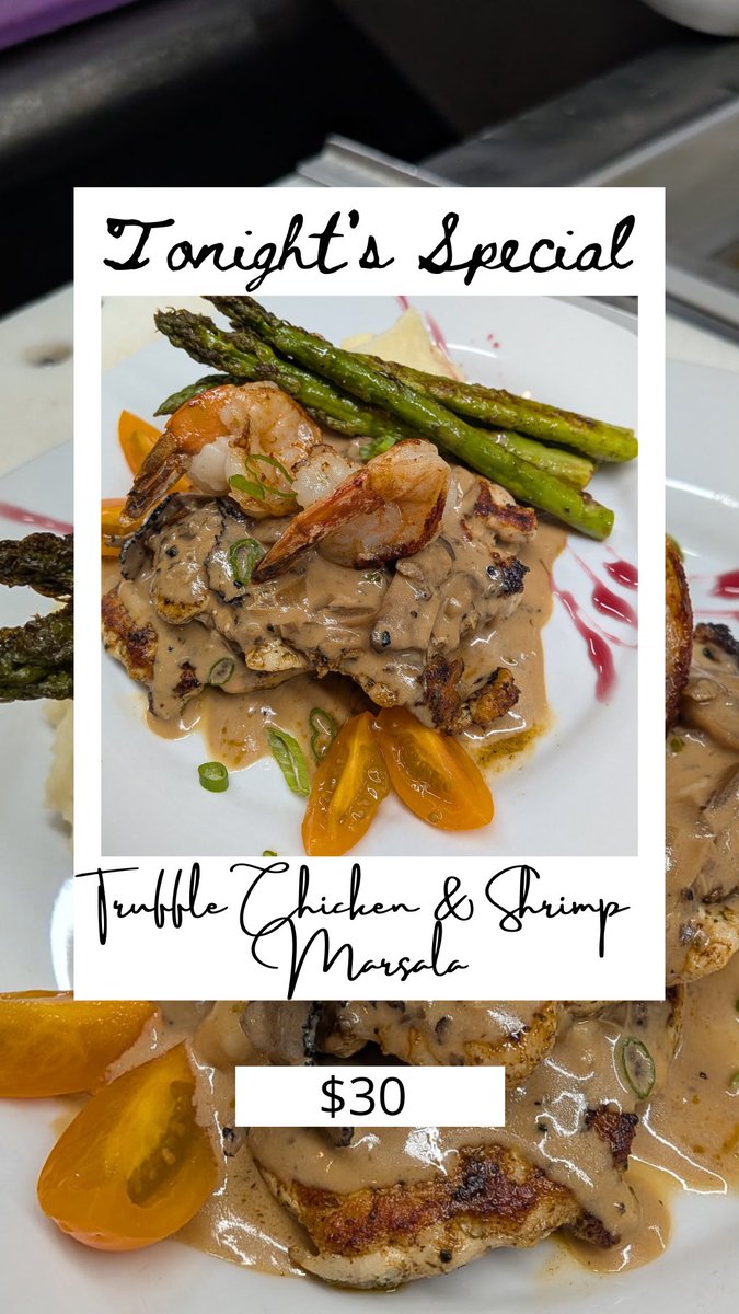 stonebridgeMD's tweet photo. The special is in! 
Truffle chicken and shrimp Marsala. Seared chicken + shrimp in a creamy black truffle Marsala sauce w/ mashed potatoes &amp; lemon pepper asparagus. $30 @stonebridgeMD https://t.co/InJ0nWRJtz