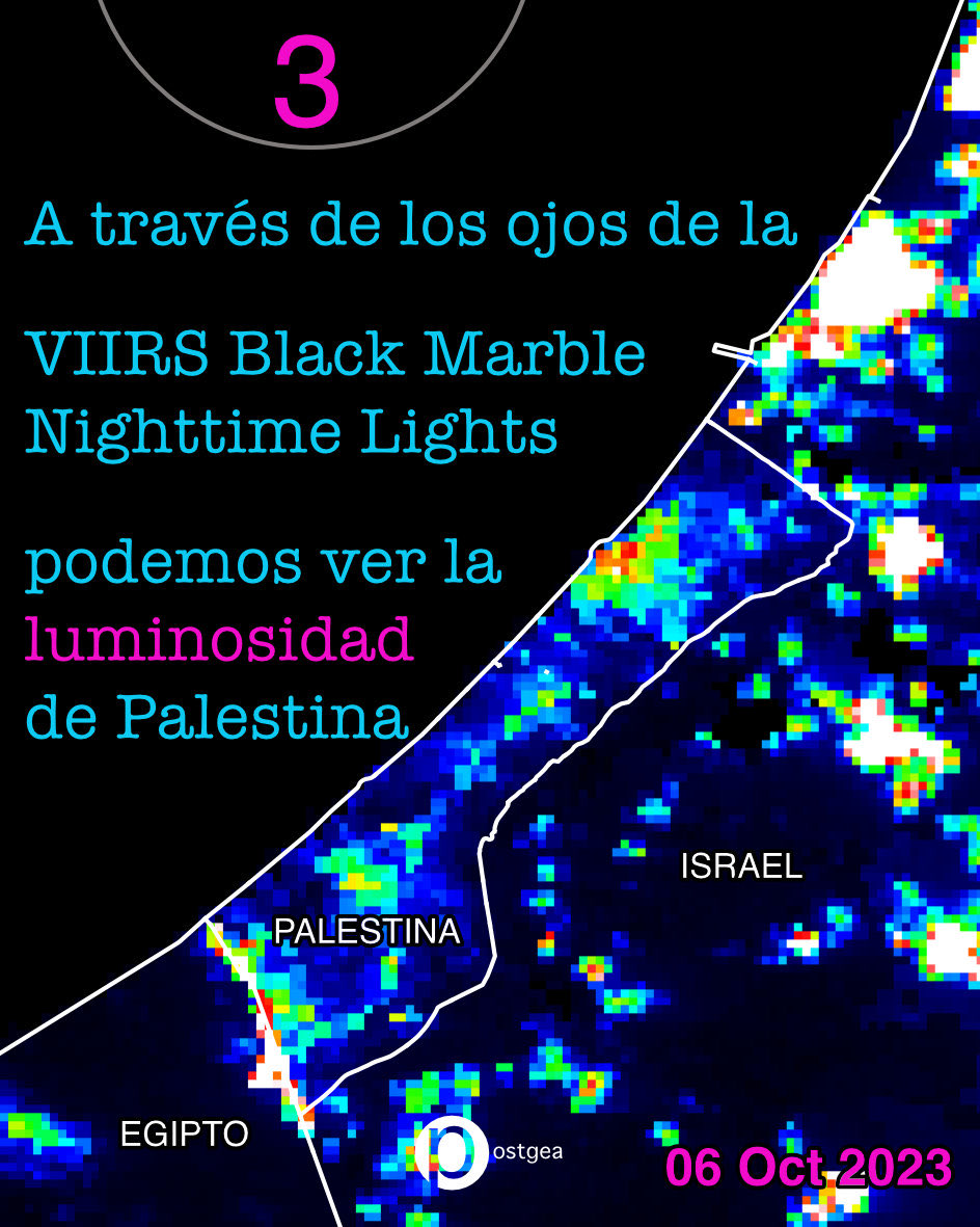 barredajose's tweet photo. En #PostGea hemos publicado un video que captura la luminosidad (radiancia) de #Palestina antes y durante el conflicto con #Israel. La radiancia nocturna es un poderoso indicador de patrones de actividad humana. #VIIRS

https://t.co/EPdTgVsFcg https://t.co/v0YwJJZx54
