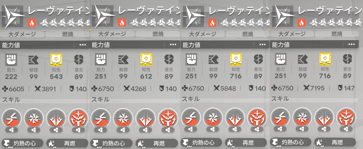 レーヴァテインのステータス解説 左から、 ①完凸＆レベルMAX、武器完