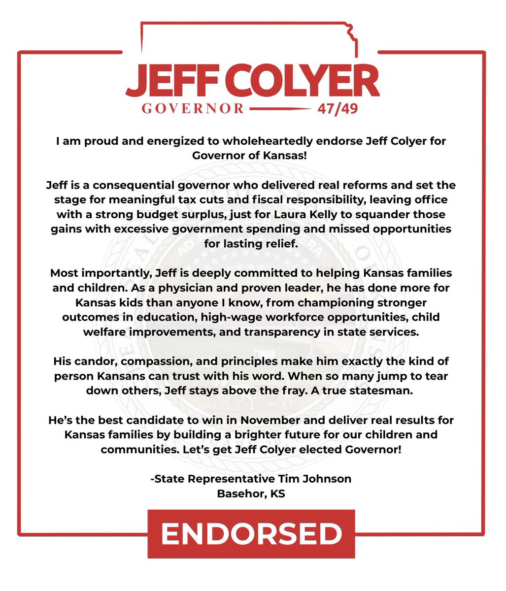 Thank you, State Representative Tim Johnson, for your strong and heartfelt endorsement! Tim has become a good friend, and I truly value his passion as an advocate for Kansas seniors and children. 

Tim understands that we need to invest in families, because when families weaken