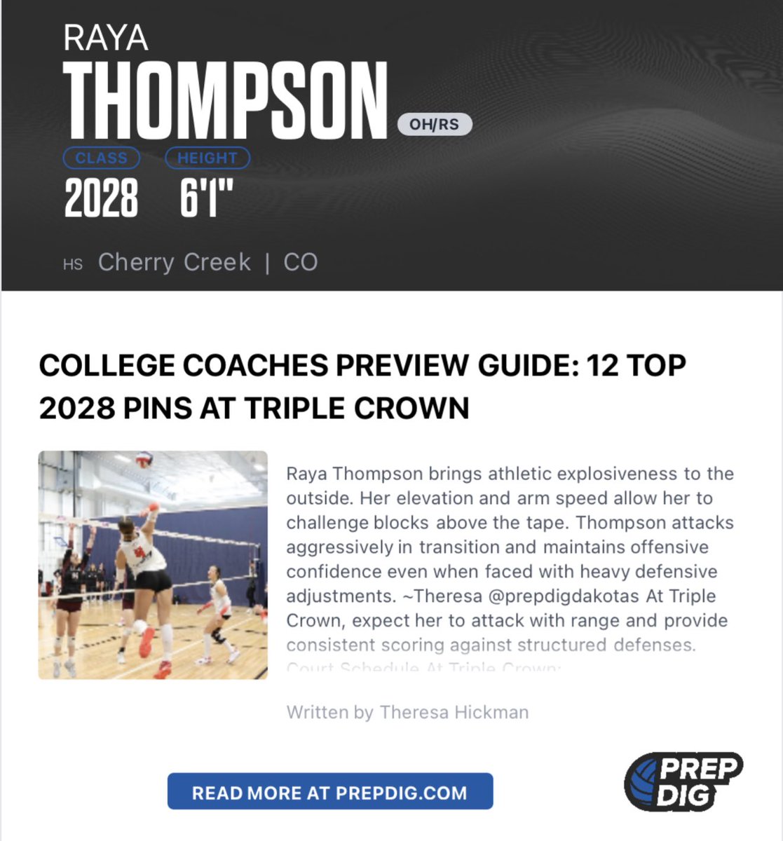 rayathompson4's tweet image. Thank you for the article @PrepDig  @PrepDigDakotas #heavyarm #topspin excited to compete @triplecrownspts #NIT this weekend!!