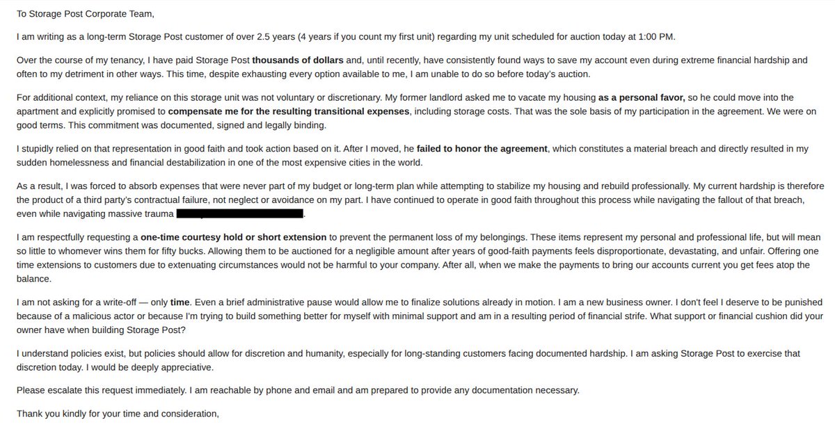 yelleycreates's tweet photo. Last week I sent this to @StoragePost. Not a handout, just a brief pause to resolve a crisis I didn’t create. After 4yrs of loyalty, layers of trauma, my stuff sold for $60 at auction. yay. 
This is "community support" from a $500M backed corp. 🧵 #ew #CorporateGreed #StoragePost https://t.co/iwLHM7ztmL