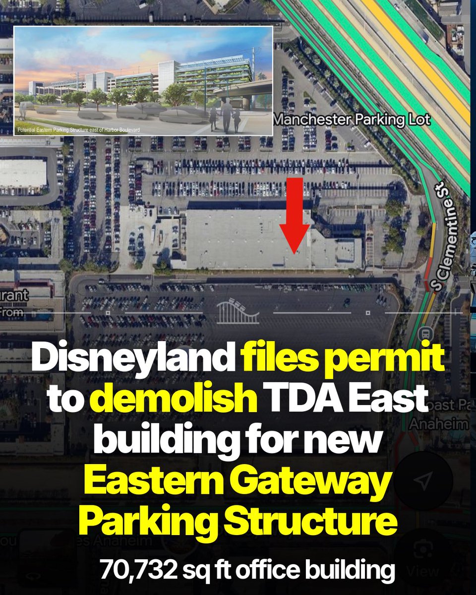 Disneyland has filed a permit to demolish the Team Disney Anaheim east building as part of the new Eastern Gateway Parking Structure construction.

Permit Entry:
DLR - S Manchester Building - Demolition: 70,732 sq ft office building with utilities to be capped and foundation to