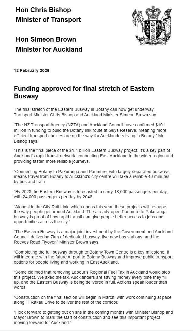 NZTransitBuzz's tweet image. #BusNews: The final stretch of the Eastern Busway in Botany can now get underway, NZ Transport Agency and Auckland Council have confirmed $101 million in funding to build the Botany link route.