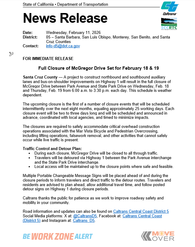 CaltransD5's tweet photo. Travelers will encounter a full closure of McGregor Dr. between Park Ave. and State Park Dr. on Wednesday, Feb. 18 and Thursday, Feb. 19 from 6:00 a.m. to 3:30 p.m. for overhead construction operations. Detour set on Hwy. 1 between the Park Ave. and State Park Dr. interchanges. https://t.co/keN3EFw0Wc