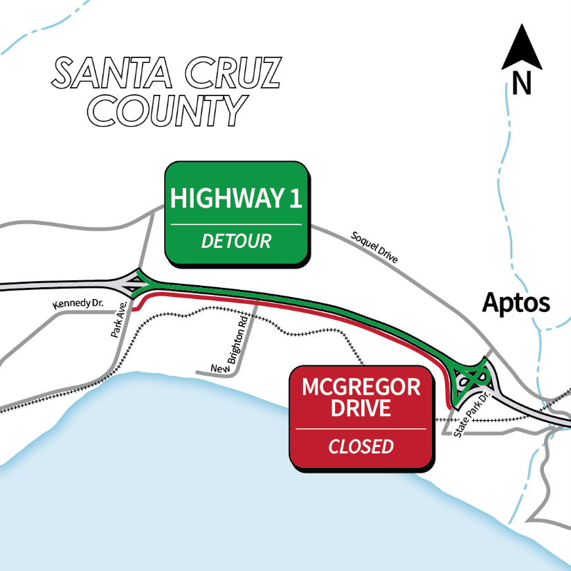 CaltransD5's tweet photo. Travelers will encounter a full closure of McGregor Dr. between Park Ave. and State Park Dr. on Wednesday, Feb. 18 and Thursday, Feb. 19 from 6:00 a.m. to 3:30 p.m. for overhead construction operations. Detour set on Hwy. 1 between the Park Ave. and State Park Dr. interchanges. https://t.co/keN3EFw0Wc