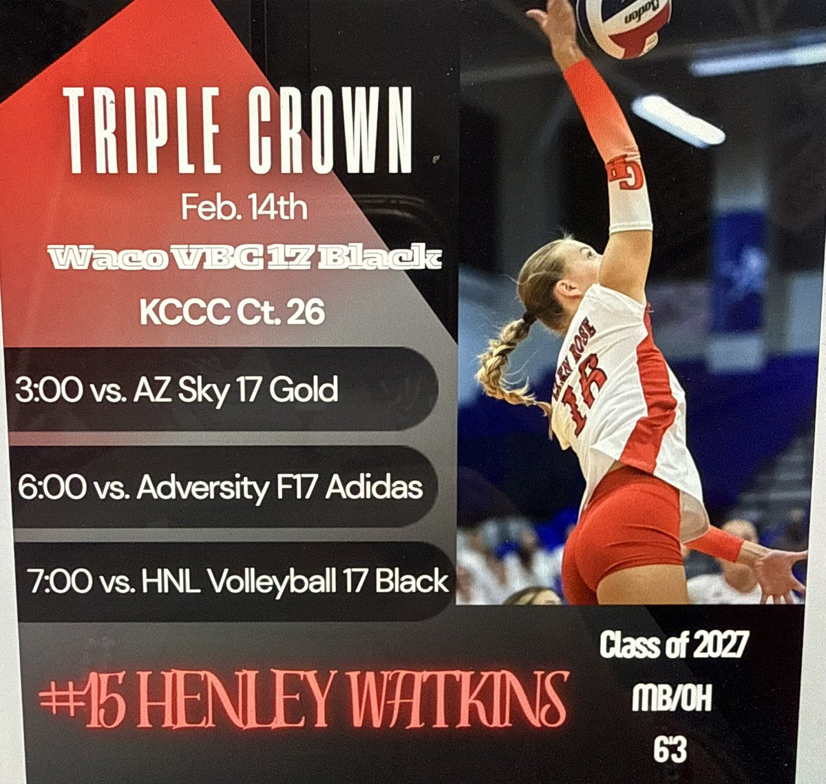 HenleyWatk83676's tweet image. Ready to hit the court at the Triple Crown this weekend! @TCVolleyball @GMsportsmedia1 @glenrosevball #uncommitted2027 #middle #outside