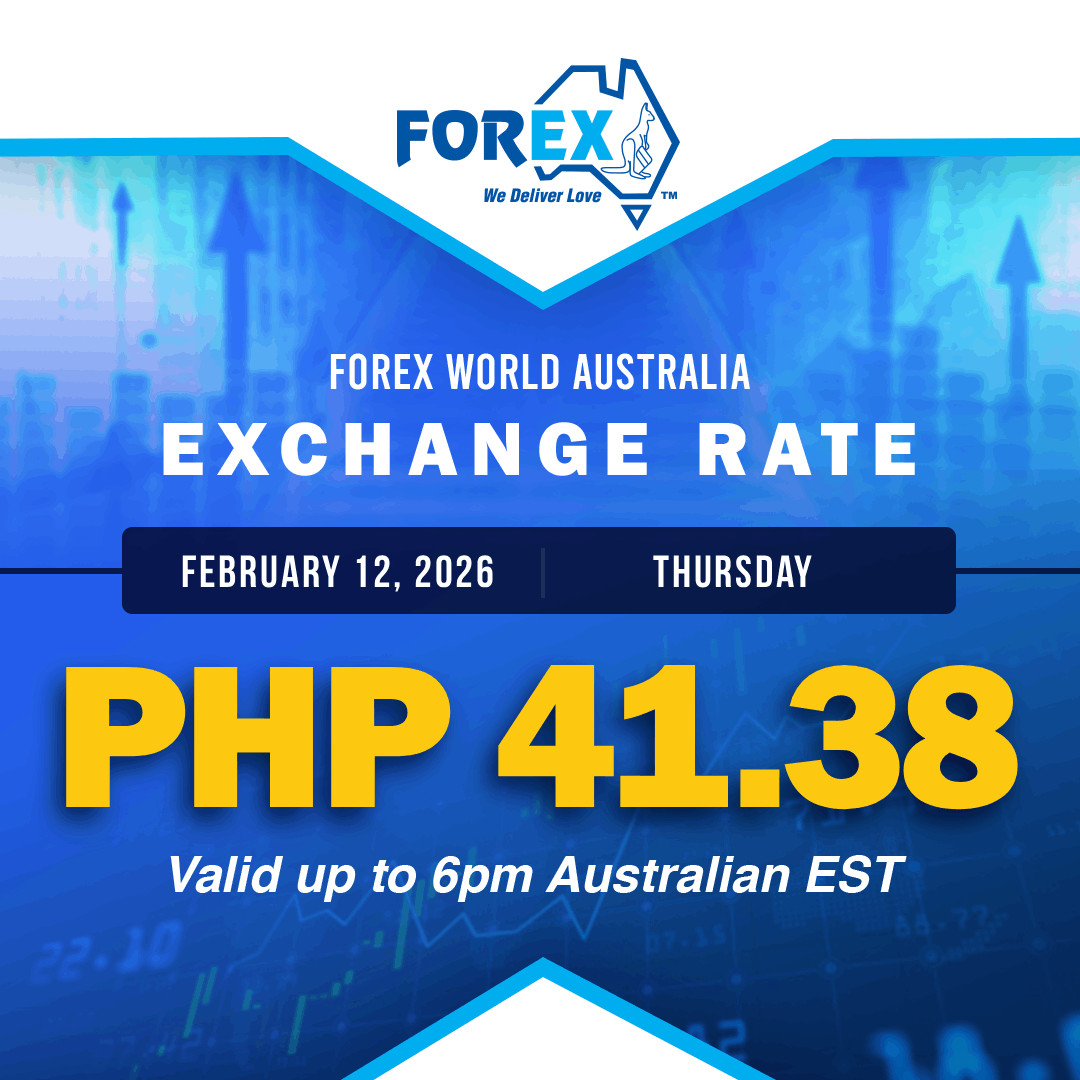 Forex World Australia Exchange Rate February 12, 2026 (Thursday) is PHP 41.38 valid up to 6pm Australian EST.
tinyurl.com/4u68w4hv
