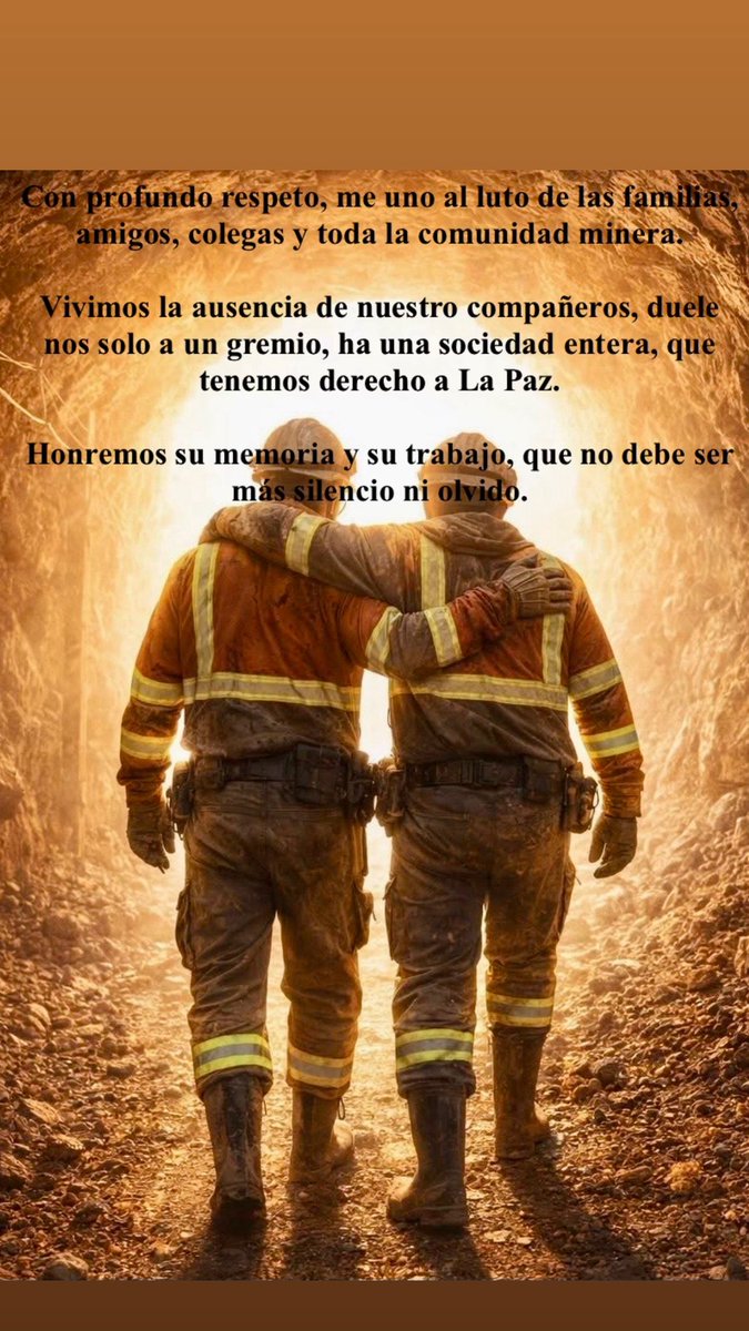 Con profundo respeto, me uno al luto de las familias, amigos, colegas y toda la comunidad minera. 

La ausencia de nuestro compañeros, duele no solo a un gremio, a una sociedad entera, con derecho a La Paz.

Honremos su memoria y su trabajo, que no debe ser más silencio ni olvido