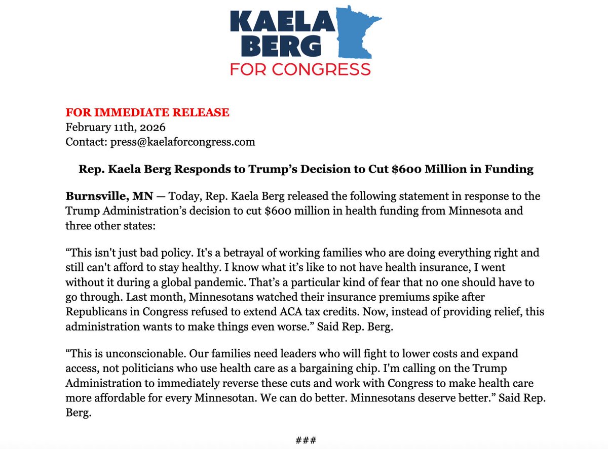 My statement on the Trump Administration's decision to cut $600 million in funding for health care in Minnesota and three other states 👇