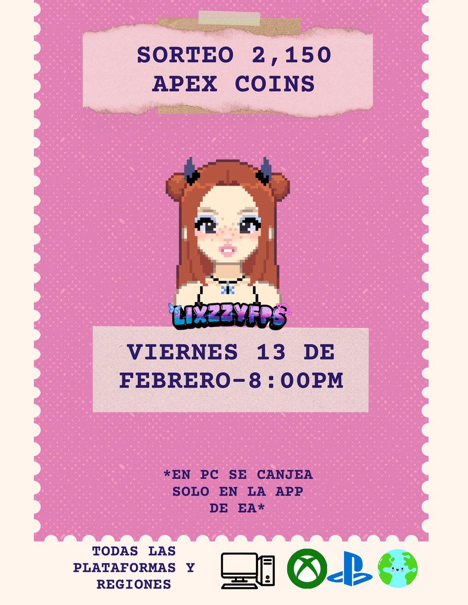 SORTEO APEX COINS!𓂃˖˳·˖ ִֶָ ⋆🌷͙⋆ ִֶָ˖·˳˖𓂃 ִֶָ

INFO:  canva.com/design/DAHBDZu…

Muchas gracias a <a href="/EAlatam/">EA Latinoamérica</a> <a href="/Respawn/">Respawn</a> <a href="/PlayApex/">Apex Legends</a> ❤︎