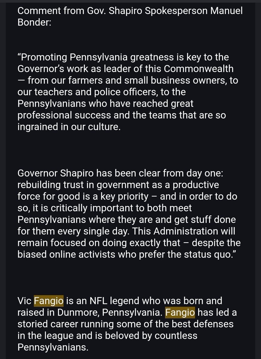 StephenJ_Caruso's tweet photo. The governor is again unleashing his inner podcast host. When Shapiro interviewed Vic Fangio last year, I asked about the cost and how this is official state business. I got the below response: https://t.co/lvGrDh2vnW