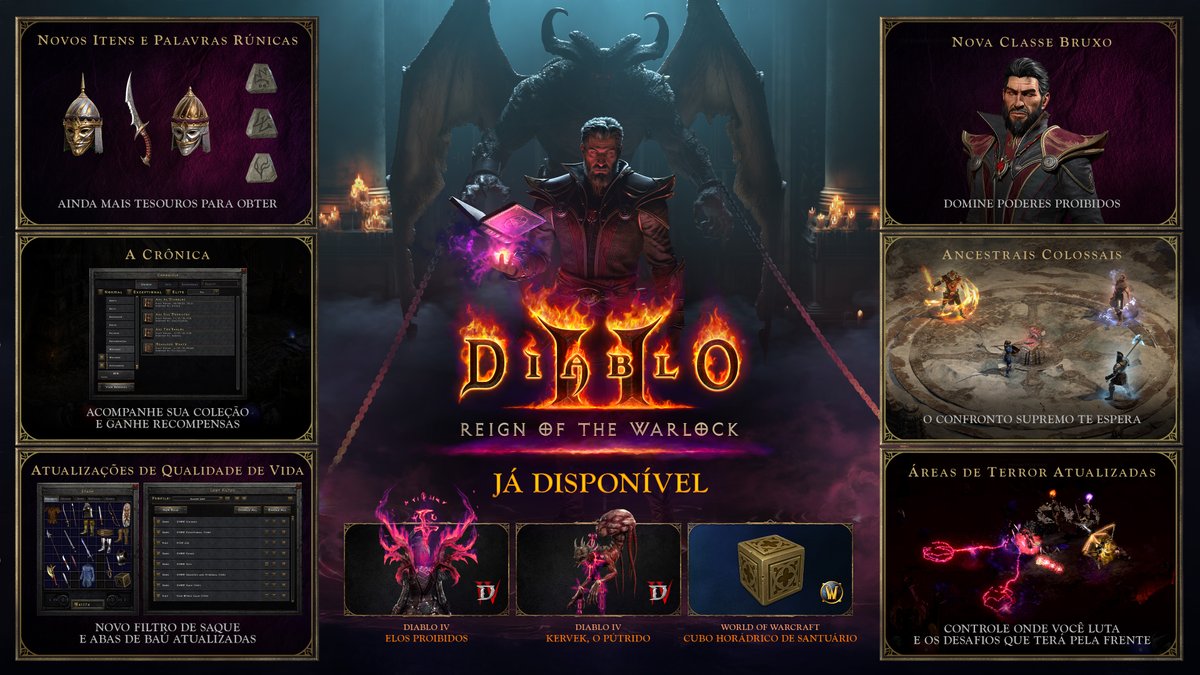 Apresentando o Bruxo e atualizações arcanas suficientes para deixar qualquer demônio com medo.

Jogue Diablo II: Resurrected – Reign of the Warlock hoje e veja como o conhecimento pode atacar de volta.