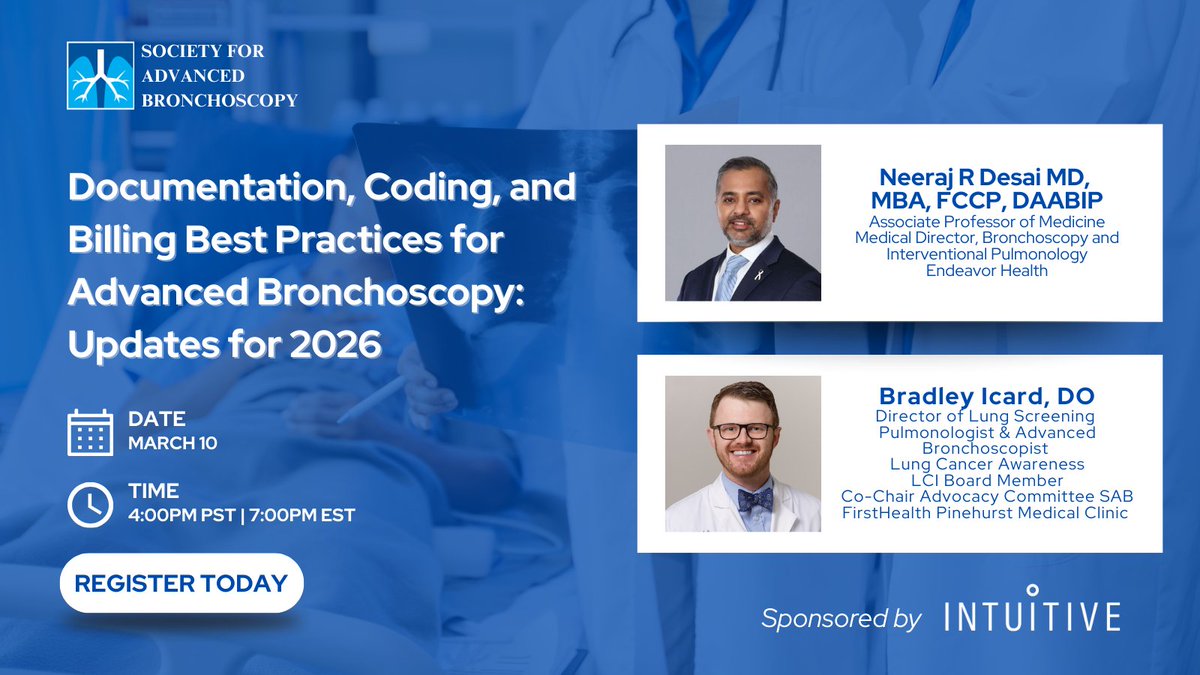 SABronchoscopy's tweet photo. 🚨WEBINAR | March 10 🚨
REGISTER HERE➡️https://t.co/WLXv9itk0m

Join Dr. Neeraj Desai &amp; Dr. Bradley Icard for an expert-led webinar on documentation, coding &amp; reimbursement in advanced bronchoscopy.

 🎯Pearls, pitfalls &amp; real-world insight 
 🤝Sponsored by @IntuitiveSurg https://t.co/CFpZhk5ujj