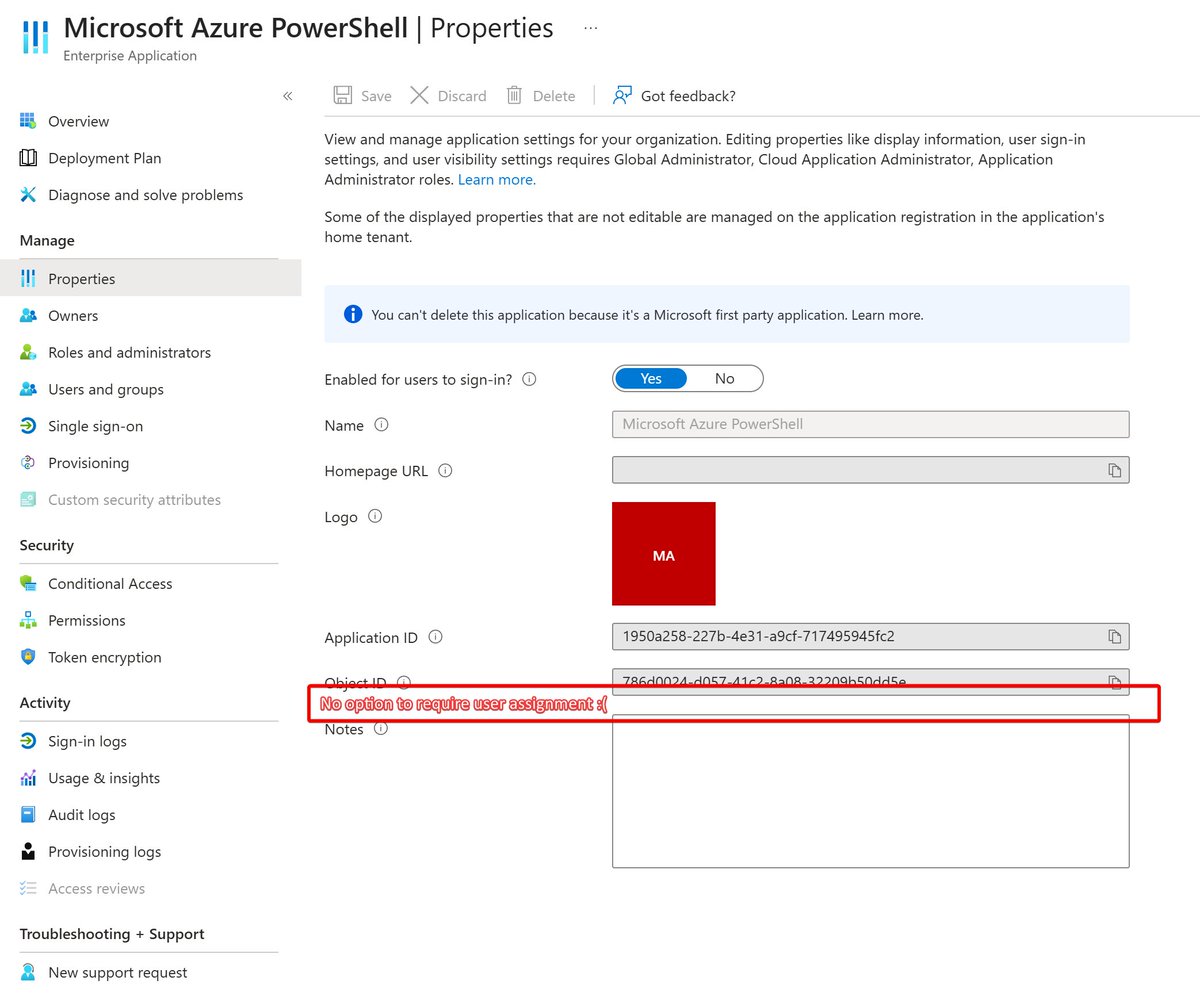 There are many applications in Entra that you should prevent access to by default

Unfortunately, most of those don't expose an option to require assignment... must use Graph API :-/

I highly recommend locking these down, list of apps and directions here:
github.com/PatriotConsult…