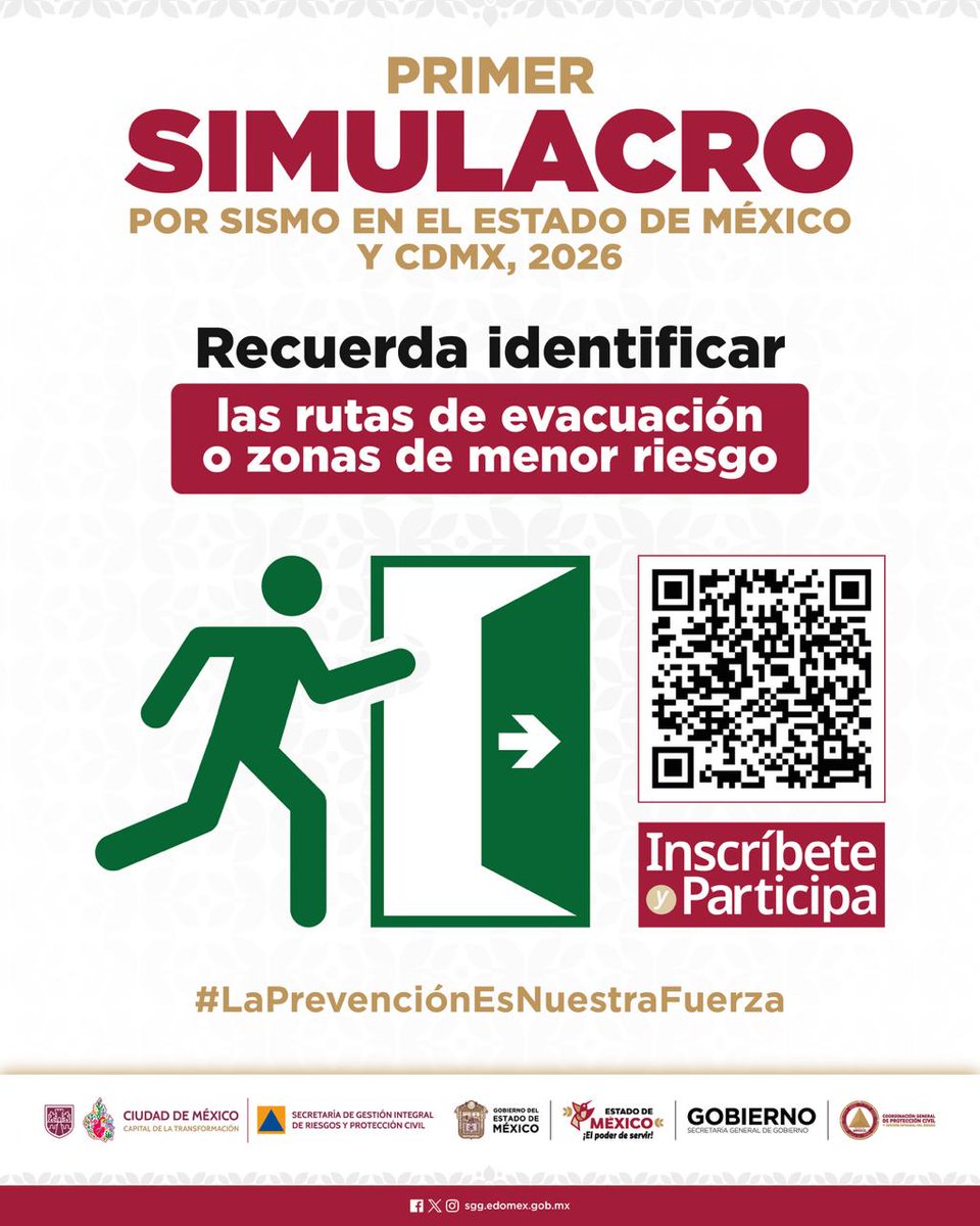 CBT_NO2_H's tweet photo. 📢 ¡Atención! Se acerca el Primer Simulacro por Sismo 2026 en el #Edomex y la #CDMX.
​🗓️ Fecha: 18 de febrero.
🕚 Hora: 11:00 horas.
​Inscríbete escaneando el QR de la imagen y prepara tu Plan Familiar de Protección Civil. 🏠📝
@Edomex
@delfinagomeza
​#ElPoderDeServir #Edomex https://t.co/mwYIYklNSF
