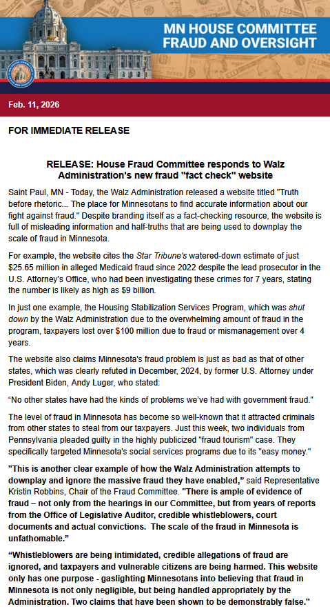 RELEASE: House Fraud Committee responds to Walz Administration's new fraud "fact check" website