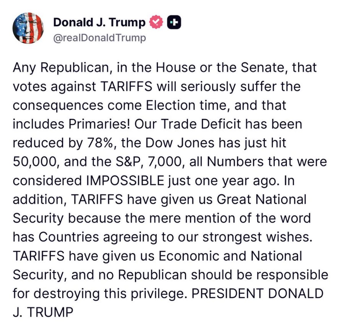 President Trump just threatened primary fights for anyone in Congress voting against tariffs. 

It’s pretty easily the most effective tool for restoring our economic dominance, facilitating peace deals, and rebuilding the middle class. 

No more outsourcing our factories and