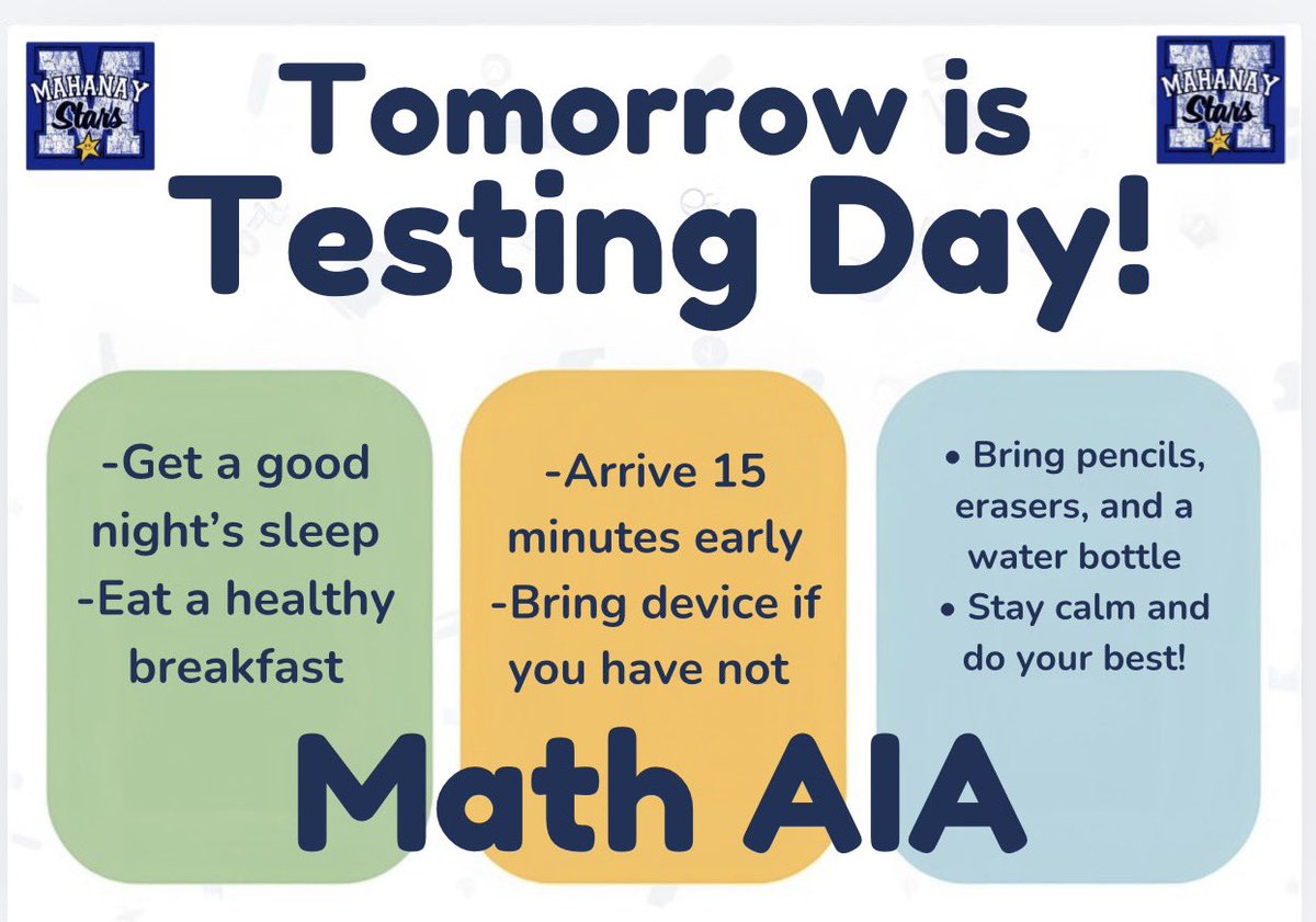 MahanayStars's tweet photo. Tomorrow, Thursday, February 12, 2026 is the Math Interim Assessment for our 3rd and 4th graders. Please read the tips below so your child is ready! #ClosedCampus #NoVisitors #TestingDay #MathMatters #MahanayStars https://t.co/1V9Zfodcuq