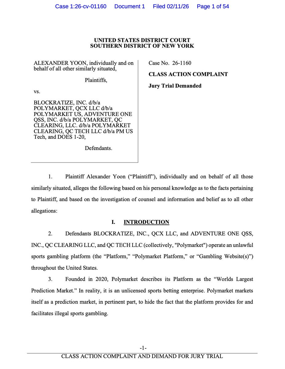 NEW: Polymarket hit with a second class action lawsuit in the SDNY for operating an "unlicensed sports betting enterprise" which plaintiff alleges is marketed as a "prediction market to hide the fact that the platform provides for and facilitates illegal sports gambling."