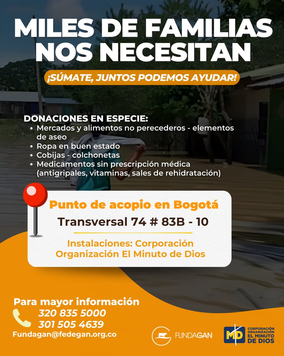 FUNDAGAN's tweet photo. 🌧️🤍 Nuestro país nos necesita. Hoy es momento de actuar.

Las familias afectadas por la ola invernal esperan nuestra ayuda. Juntos llevemos alimento, abrigo y esperanza.

👉 Súmate:

💳 Bancolombia: 031-383318-72
FUNDAGÁN | NIT 900.159.758-2

📞 301 505 4639 | 320 835 5000 https://t.co/mfqmVNeCt9
