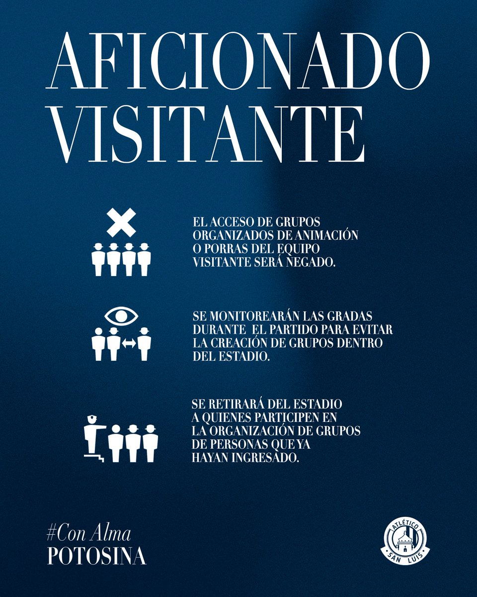 AtletideSanLuis's tweet image. 🚨 Aficionado seguidor del @Club_Queretaro, te recordamos que está prohibido el acceso de grupos organizados de animación o porras del equipo visitante a nuestro estadio. 

#ConAlmaPotosina 
#DisfrutemosNuestraCasa