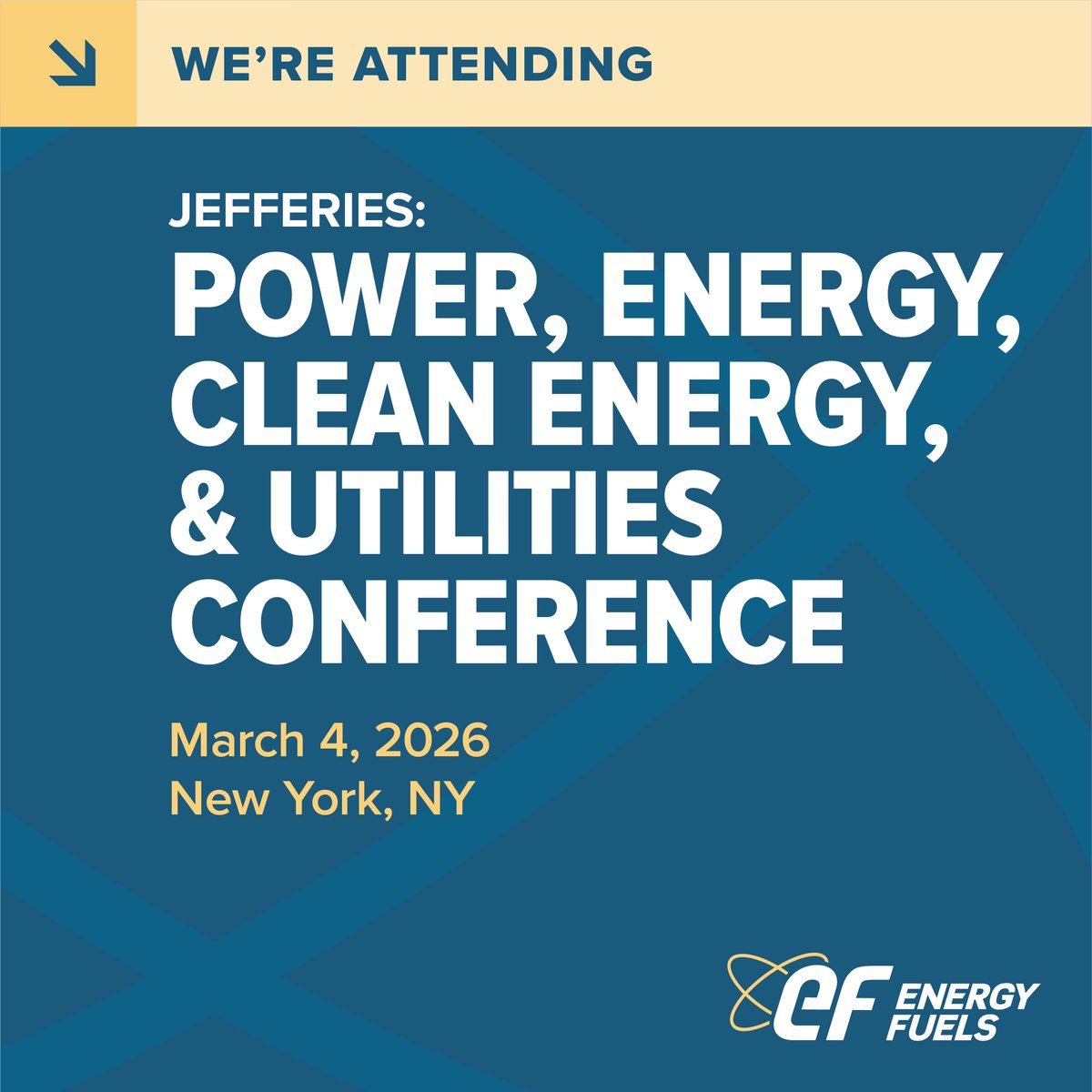 Energy_Fuels's tweet photo. @Energy_Fuels CFO Nathan Bennett will be attending the @Jefferies Power, Energy, Clean Energy &amp; Utilities Conference in New York on March 4.

Set a conference meeting today!

$UUUU $EFR #EnergyFuels #uranium #rareearths #cleantech #nuclearenergy https://t.co/6DfxuyFS7k