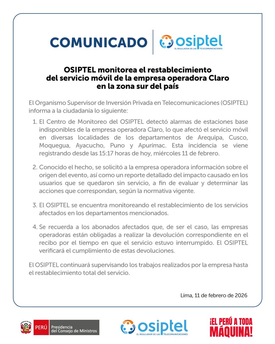 OSIPTEL's tweet photo. [#COMUNICADO] 🚨 El OSIPTEL informa a la ciudadanía que monitorea el restablecimiento del servicio móvil de la empresa operadora Claro en la zona sur del país. 👇🏽 https://t.co/8GDbtKWKFa