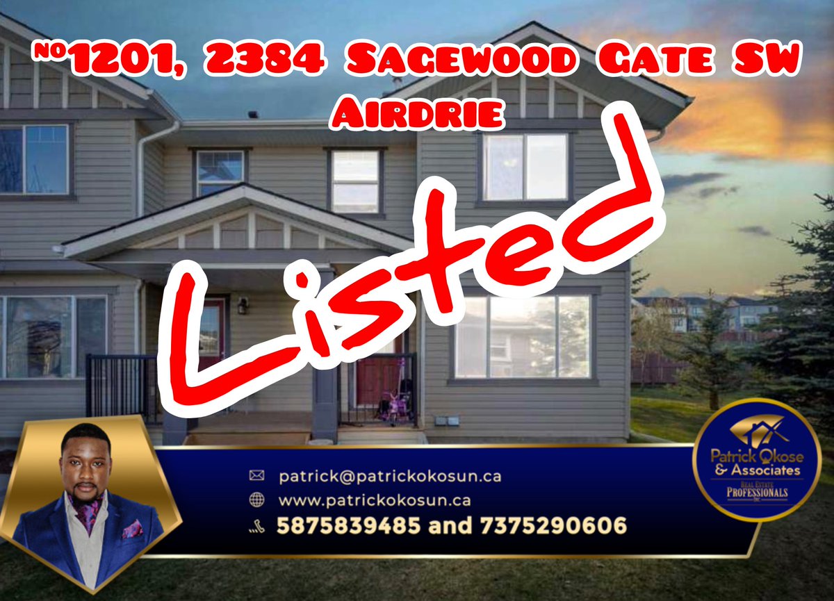 OkosePatrick's tweet photo. LISTED in Sagewood NW Airdre. 3 bed townhome with 2.5 bathrooms. Priced to sell quick. Call to grab this before its gone #yyc #calgary #calgaryrealestate #calgarylistings #airdrie https://t.co/0J00D3G9Vk