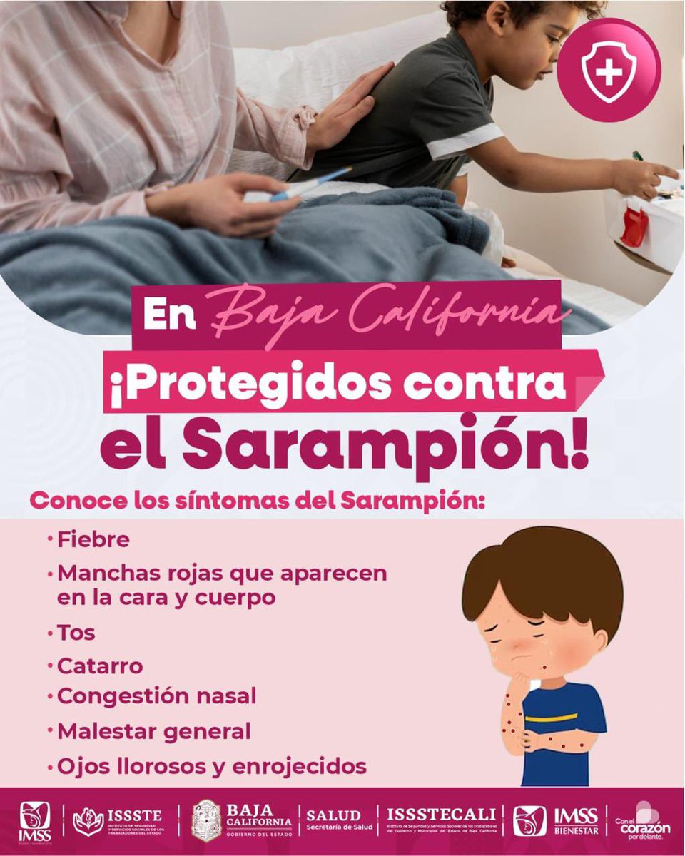 El sarampión es una enfermedad altamente contagiosa, pero se puede prevenir.
Identificar a tiempo los síntomas es clave para cuidar a niñas, niños y a toda la familia:
fiebre, manchas rojas en la piel, tos, catarro, congestión nasal, ojos llorosos y malestar general.