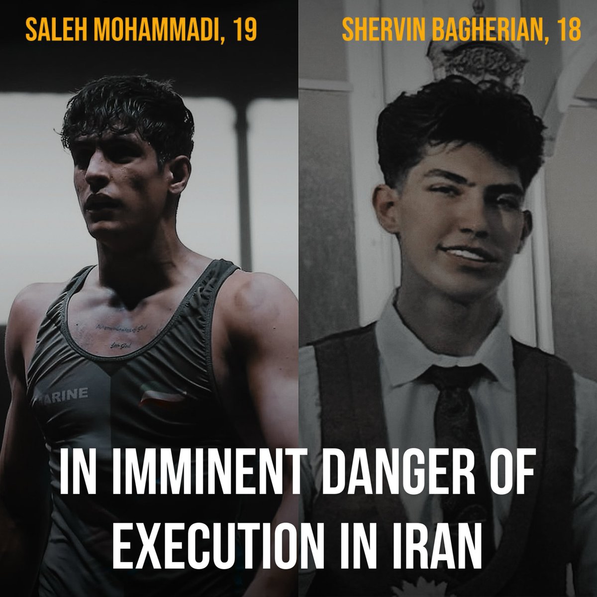 Farhadgol60's tweet photo. Saleh Mohammadi, a 19 year old man, and Shervin Bagherian, an 18 year old man, are in imminent danger of execution.

Saleh has reportedly been moved to solitary confinement and could face public execution as soon as tomorrow.

Western governments must urgently use every tool available to pressure the Iranian regime and stop these executions.

Graphic 🖼️ : @choopanam 

#StopExecutionsInIran #SalehMohammadi #نه_به_اعدام