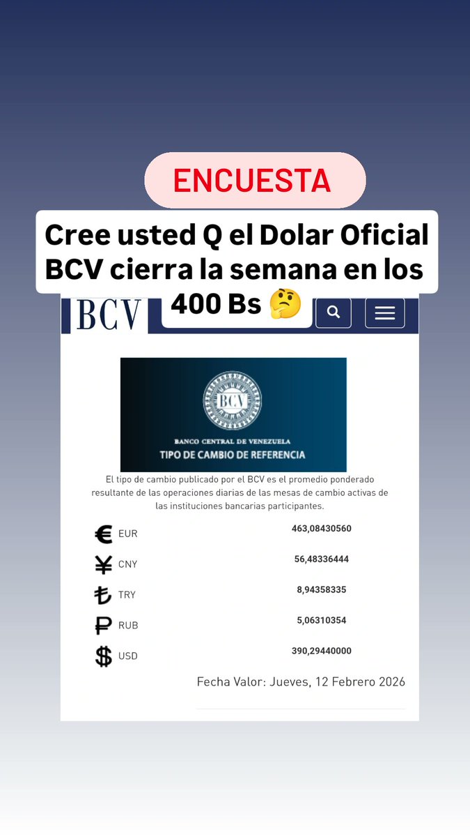 Cotizaciones_'s tweet photo. Encuesta: Cree usted que el Dólar Oficial BCV cierra la semana en los 400 Bs.? 
Like ❤️ NO
RT 🔁 SI 
@eduardomenoni @garciabanchs @miguelhotero https://t.co/7YRi1HFVwC