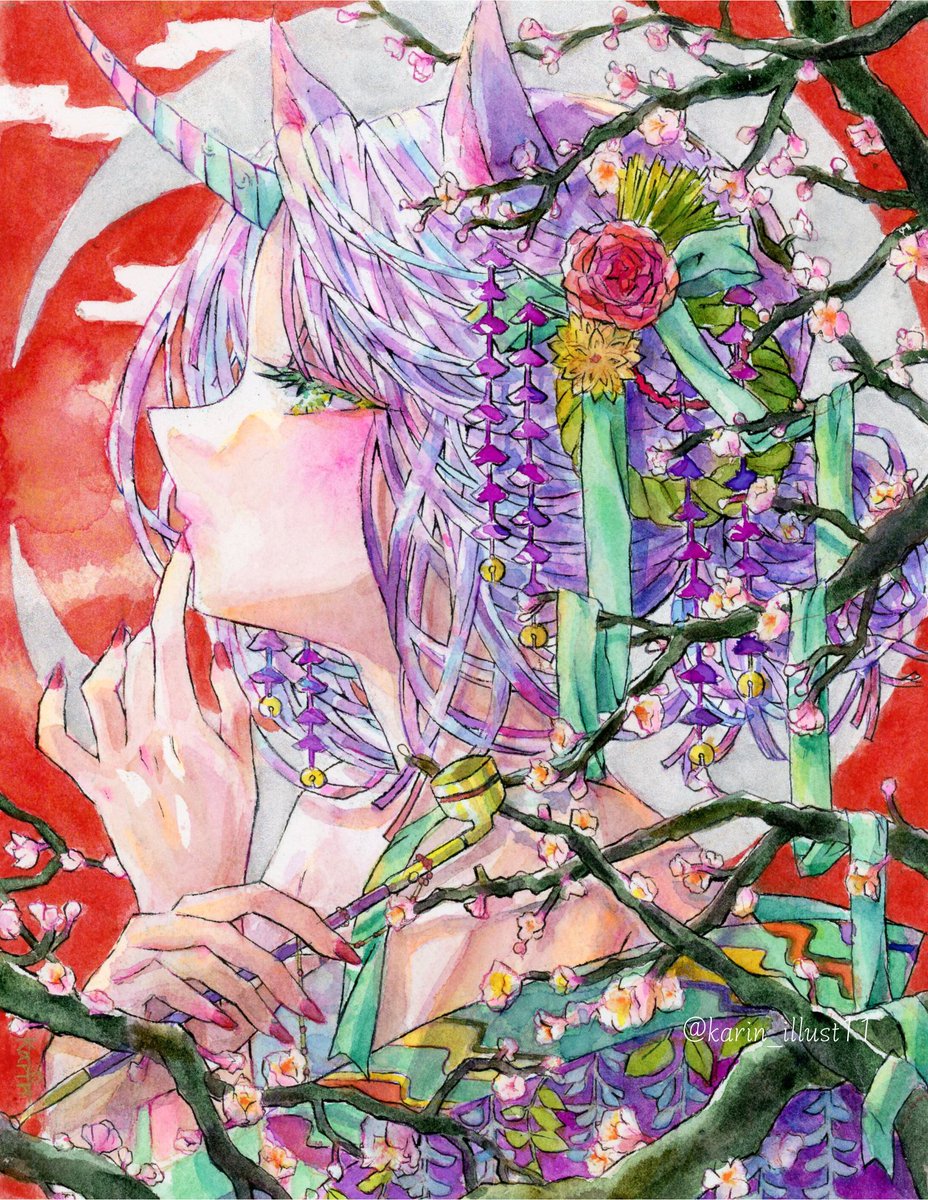 私はこういう絵を描いています 透明水彩での色鮮やかな美人画が得意です！