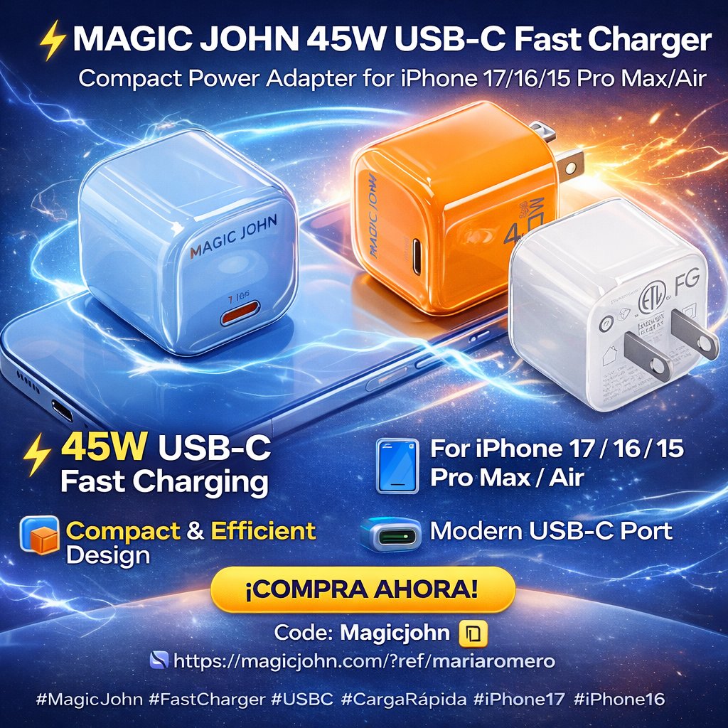 marketoffers10's tweet image. MAGIC JOHN 45W USB-C Fast Charger-Compact Power Adapter for iPhone 17/16/15 Pro Max/Air 

Link: magicjohn.com/?ref=mariarome…
Code: Magicjohn

#iPhone17Pro #usbcables #magicjohnofficial @amazon @Sheinofficial_3