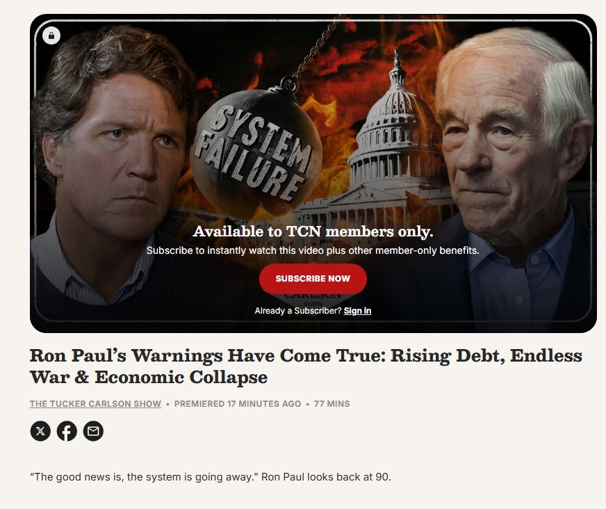 Ron Paul with Tucker Carlson
 
At 90 years old, all of his warnings have come true. It’s about time he gets recognized by the right. 

It didn't have to be this way. We had an opportunity to change course in 2008 and 2012.