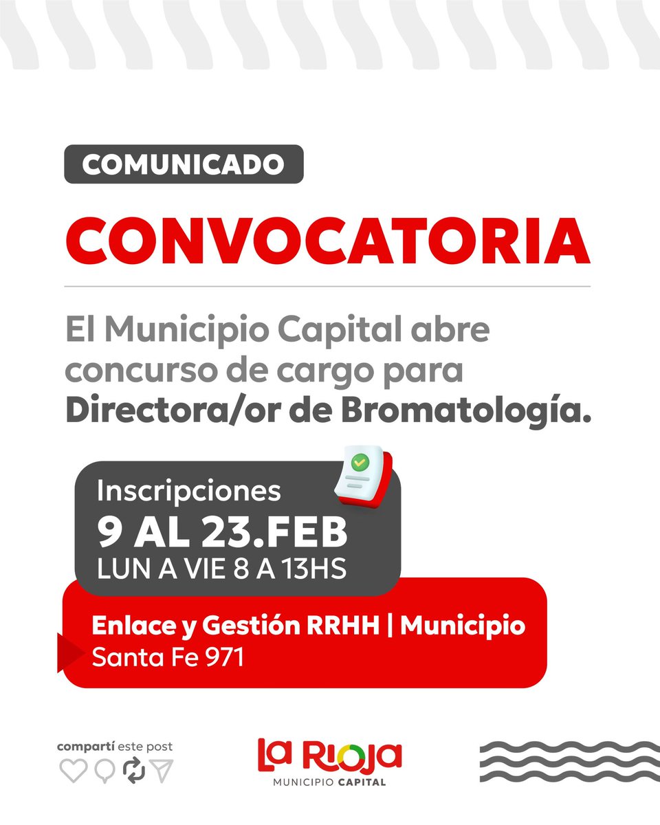 🤩Te dejamos los requisitos para el concurso de cargo para Director/a de Bromatologia de la ciudad. 

Requisitos:

- Mayor de edad, residente en La Rioja
- Título universitario habilitante
- Experiencia mínima de 3-5 años en bromatología o salud pública

👇🏻