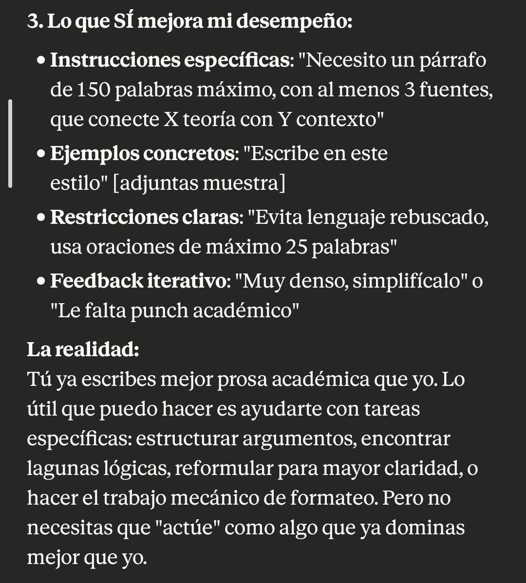 SoyCorrector's tweet photo. Si quieres un mejor resultado en escritura con IA, deja de pedirle que «actúe como un redactor académico». Mejor, ocúpate de entender qué es un buen texto y cómo explicárselo a la IA. Aquí, la explicación que me da Claude: https://t.co/pe4JkNykyB
