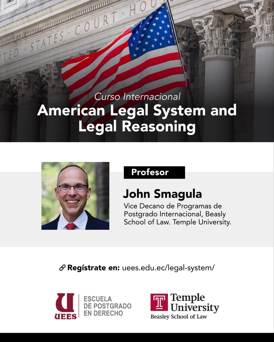 PostDerechoUEES's tweet photo. 🌎 Invitados a inscribirse en este extraordinario curso internacional.

📍 Campus @uees_ec 🇪🇨
🗓️  9-12 de junio
✔️ Certificado por @TempleLaw 🇺🇸
🗣️ Prof: John Smagula. Assistant Dean, Graduate &amp; International Programs Temple University.

🔗 Inscripciones: 
https://t.co/EYgnTCVPss https://t.co/co6PINBgsf