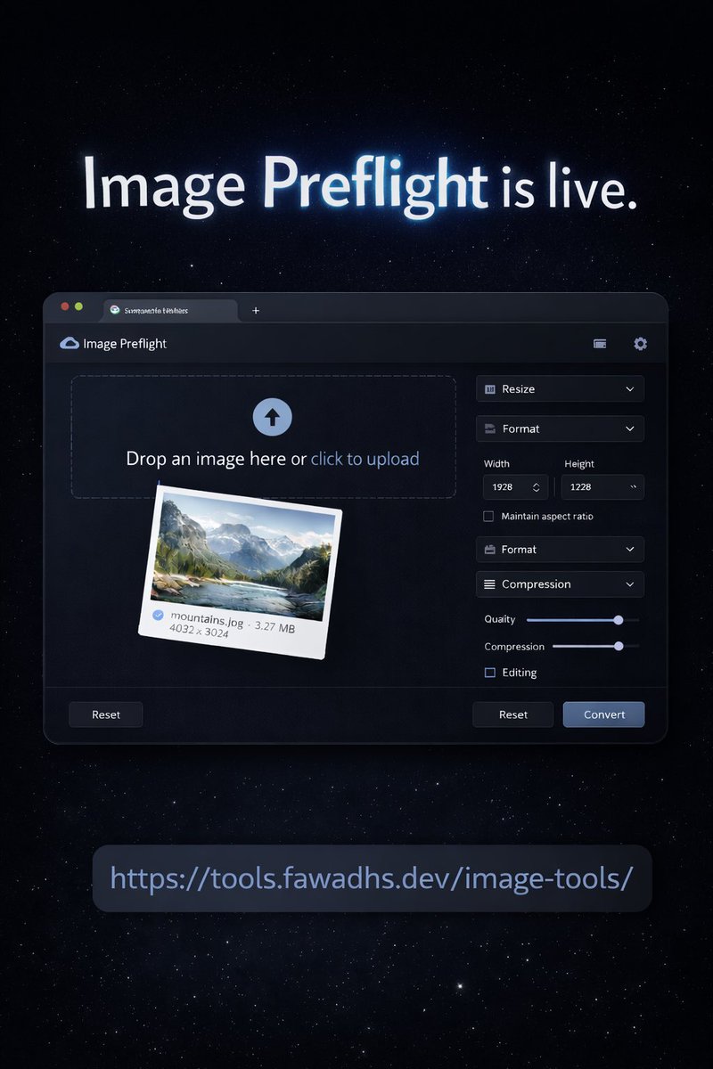 fawadhsdev's tweet image. Image Preflight is live.

Convert and edit your images for free.
100% browser-based. No server uploads. Privacy first.

Resize, compress, change format — everything runs locally on your device.

Drop your image and try it:
tools.fawadhs.dev/image-tools/

Simple. Fast. Yours.