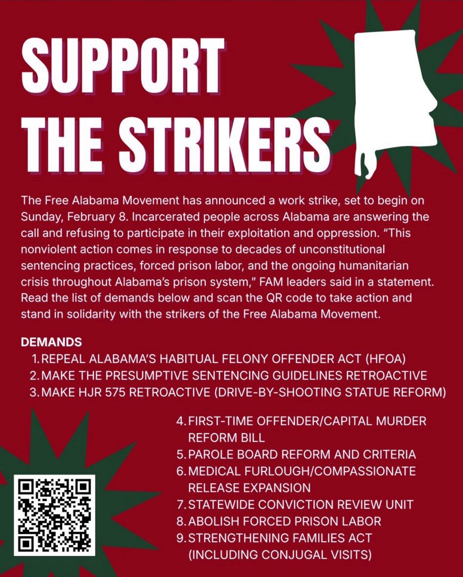 🚨 Led by the Free Alabama Movement, incarcerated workers across Alabama are ON STRIKE to protest brutal labor exploitation and inhumane conditions behind the walls 🚨 

Watch ‘The Alabama Solution” doc and support their strike: drive.proton.me/urls/DEJZW842T… #thealabamasolution