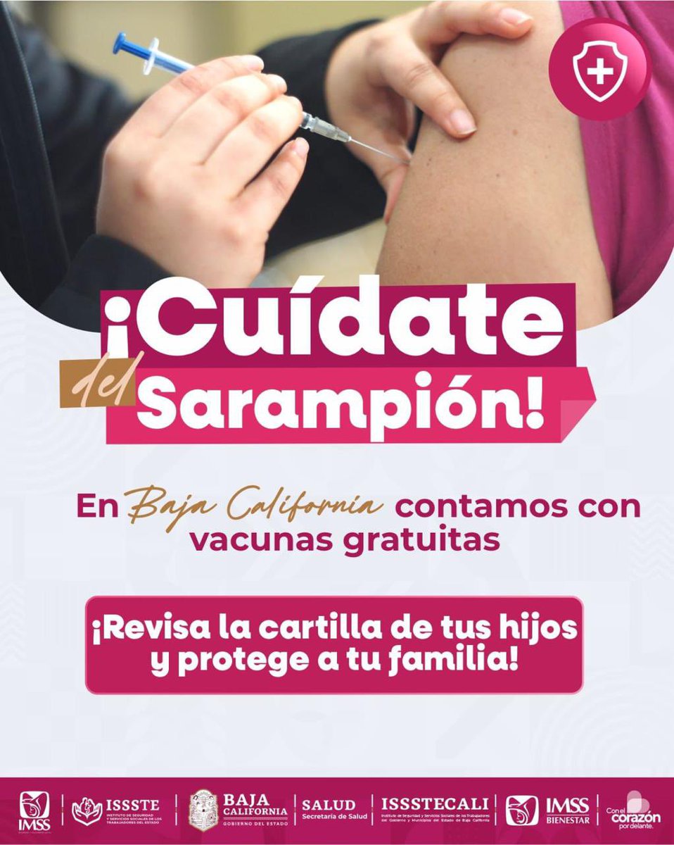 La vacunación es una de las formas más efectivas de proteger la salud de la niñez
En Baja California se aplica la vacuna contra sarampión, rubéola y paperas de acuerdo con el esquema:
💉 primera dosis al año
💉 segunda dosis a los 18 meses
💉 refuerzo para quienes cumplen 6 años.