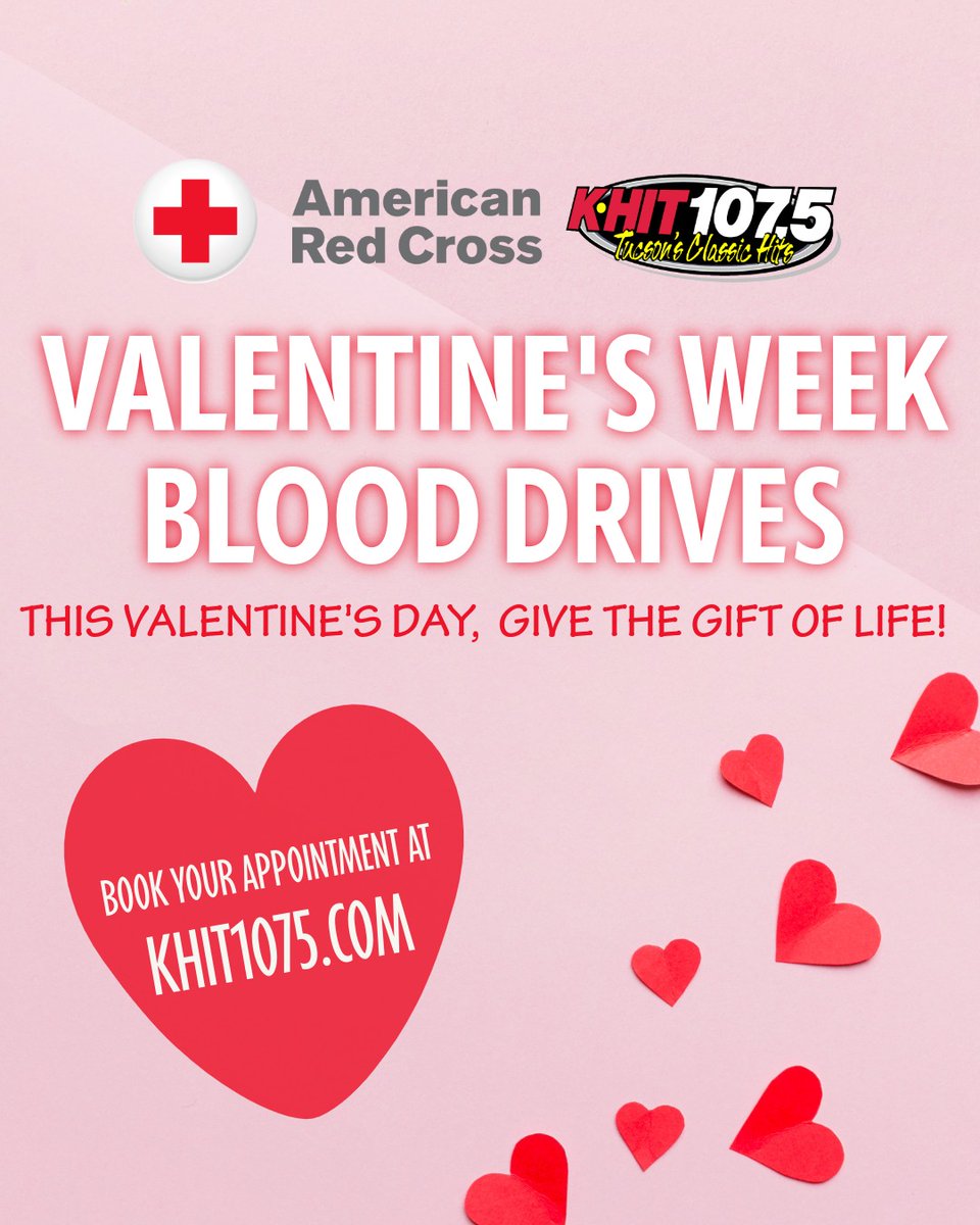K-HIT and The American Red Cross are hosting a special Valentine’s Week full of Blood Drives - and your donation could help save a life.

We will be out tomorrow, 2/12 from 11am-12pm at TPD Main Station
 
Visit khit1075.com to see our other blood drive dates!❤️
